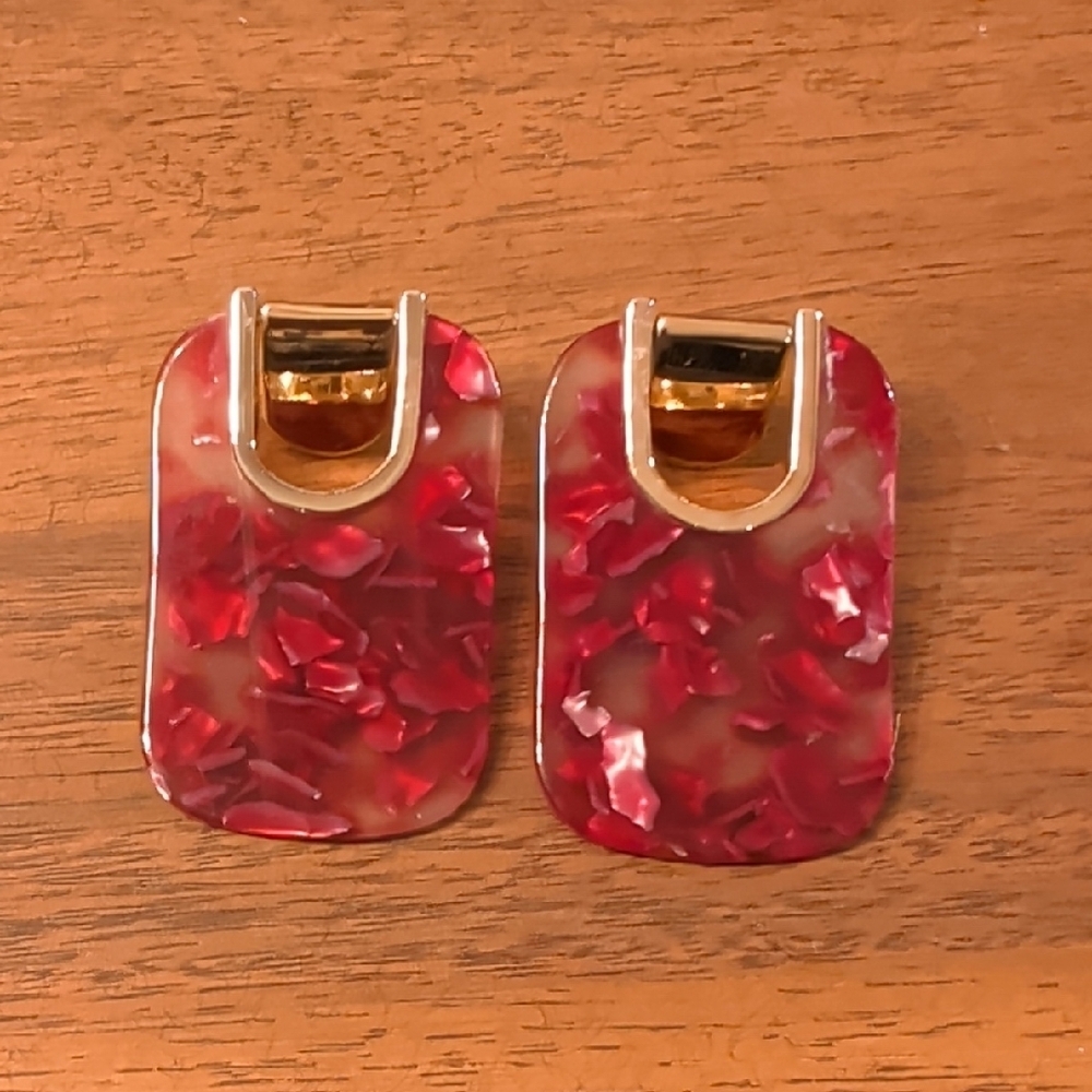 Kate Spade Red Speckle Acrylic Rectangle Drop Red and Gold Statement Earrings